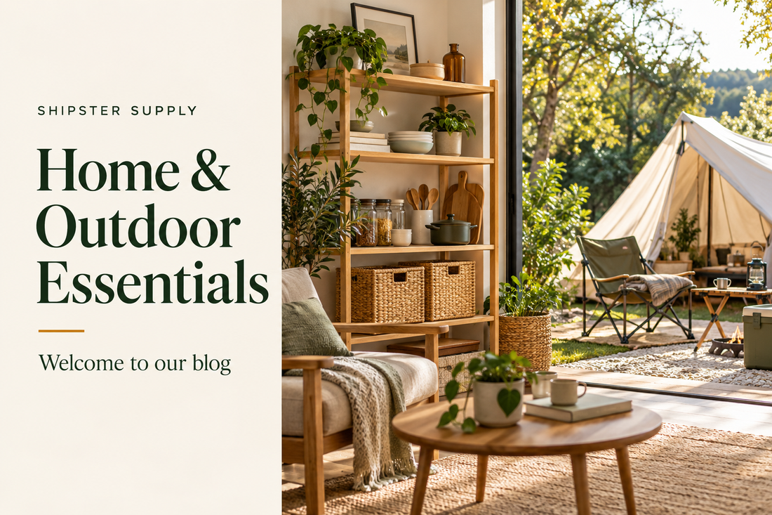 Shipster Supply Home and Outdoor Essentials blog cover with organized home shelving and a camping tent