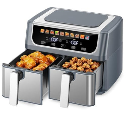 Dual-basket air fryer black and gray variants
