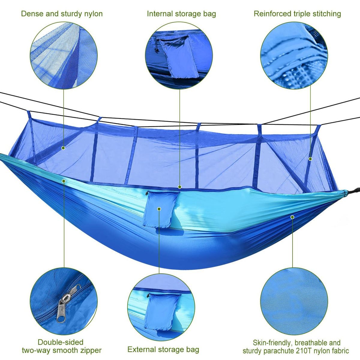 600lbs Load 2 Persons Hammock with Mosquito Net Outdoor Hiking Camping Hammock Portable Nylon Swing Hanging Bed with Strap Hook Carry Bag