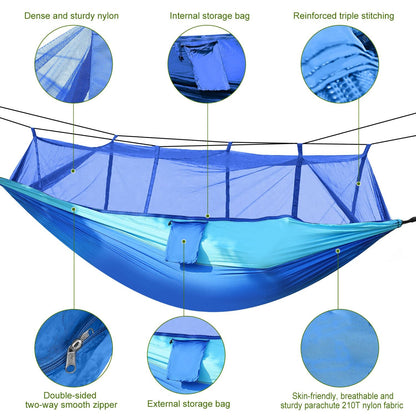 600lbs Load 2 Persons Hammock with Mosquito Net Outdoor Hiking Camping Hammock Portable Nylon Swing Hanging Bed with Strap Hook Carry Bag