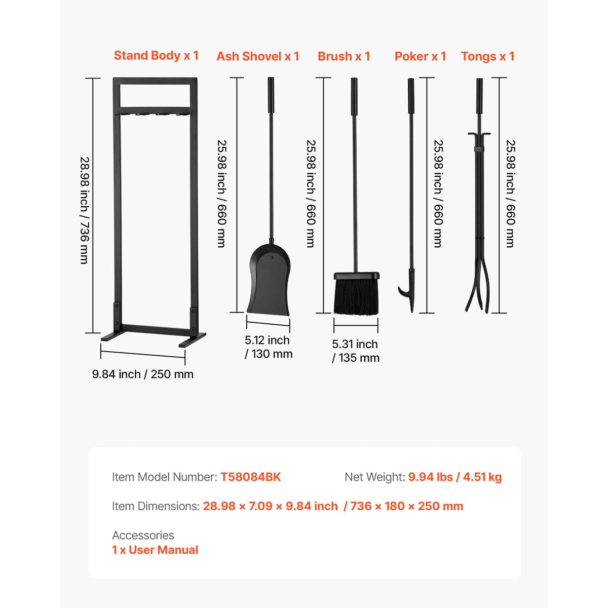VEVOR 29 in Fireplace Tool Set with Square-Frame Stand