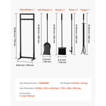VEVOR 29 in Fireplace Tool Set with Square-Frame Stand
