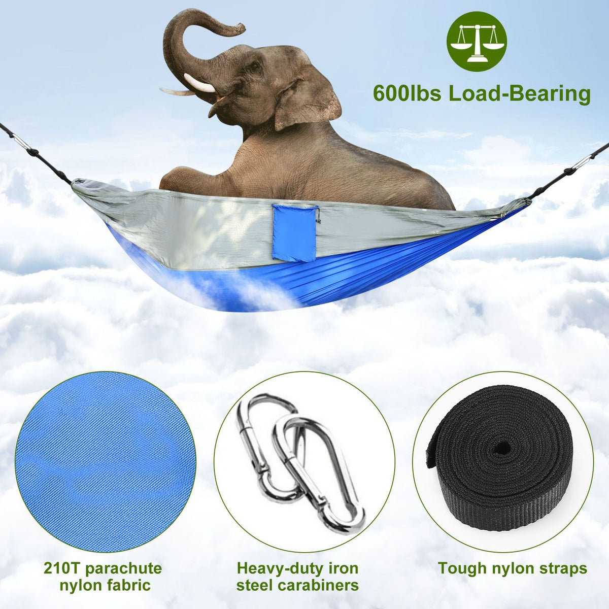 600lbs Load 2 Persons Hammock with Mosquito Net Outdoor Hiking Camping Hammock Portable Nylon Swing Hanging Bed with Strap Hook Carry Bag