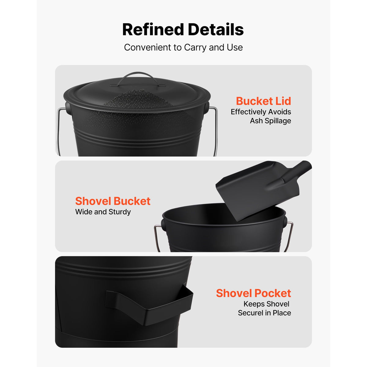 Ash Bucket, 4 PCS with Lid, Shovel, Broom and Gloves