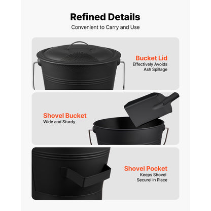 Ash Bucket, 4 PCS with Lid, Shovel, Broom and Gloves