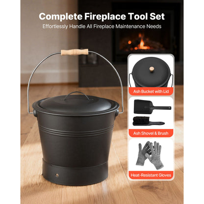 Ash Bucket, 4 PCS with Lid, Shovel, Broom and Gloves