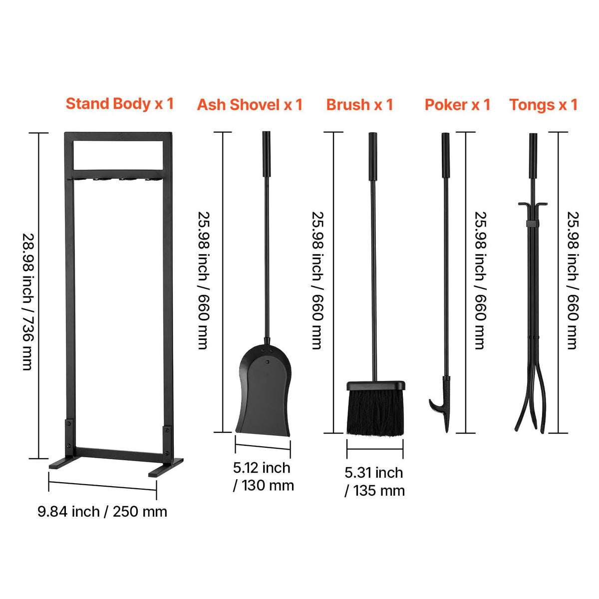 VEVOR 29 in Fireplace Tool Set with Square-Frame Stand