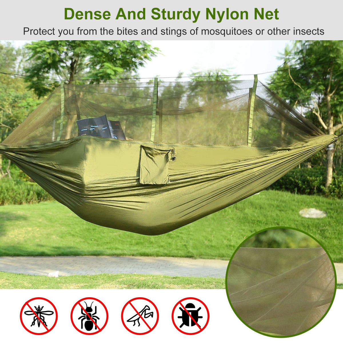 600lbs Load 2 Persons Hammock with Mosquito Net Outdoor Hiking Camping Hammock Portable Nylon Swing Hanging Bed with Strap Hook Carry Bag