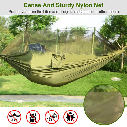 600lbs Load 2 Persons Hammock with Mosquito Net Outdoor Hiking Camping Hammock Portable Nylon Swing Hanging Bed with Strap Hook Carry Bag