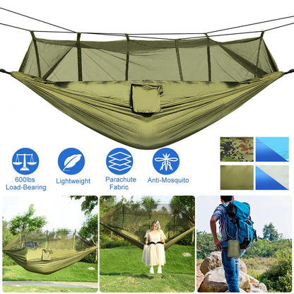 600lbs Load 2 Persons Hammock with Mosquito Net Outdoor Hiking Camping Hammock Portable Nylon Swing Hanging Bed with Strap Hook Carry Bag