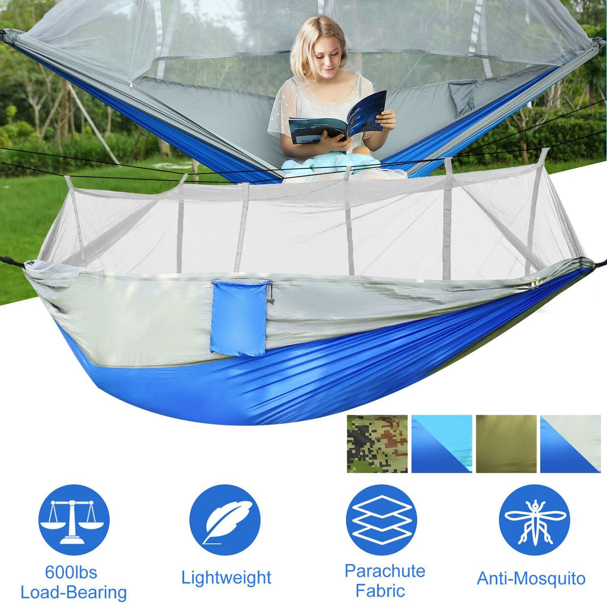 600lbs Load 2 Persons Hammock with Mosquito Net Outdoor Hiking Camping Hammock Portable Nylon Swing Hanging Bed with Strap Hook Carry Bag