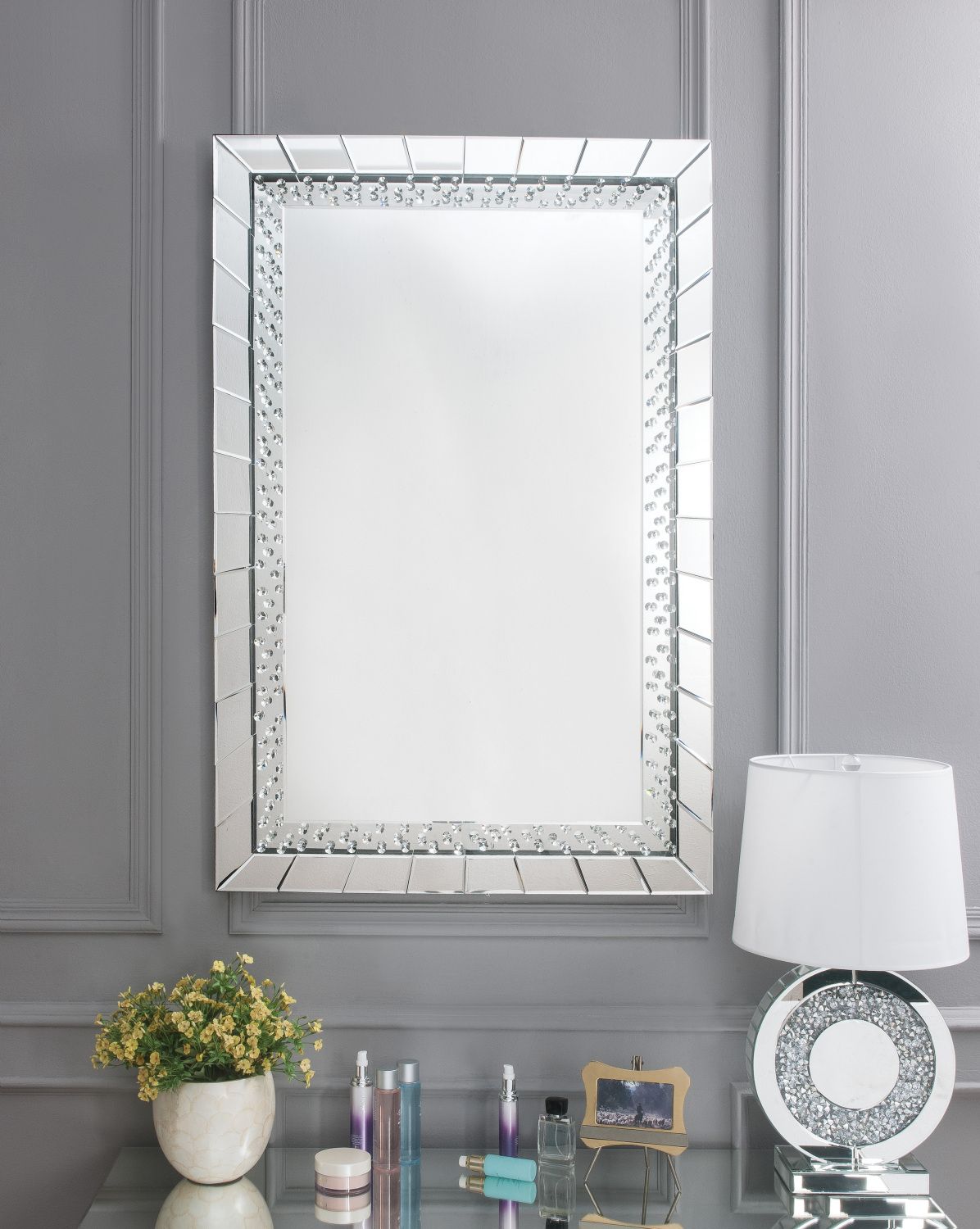 Nysa rectangular mirrored accent wall mirror with faux crystals