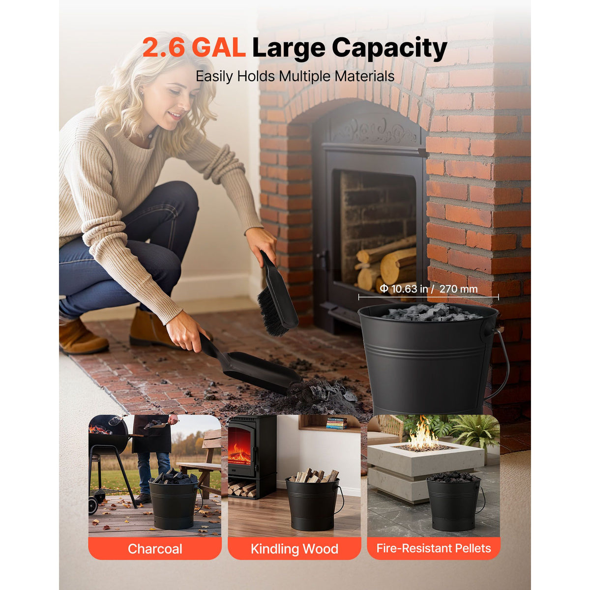 Ash Bucket, 4 PCS with Lid, Shovel, Broom and Gloves