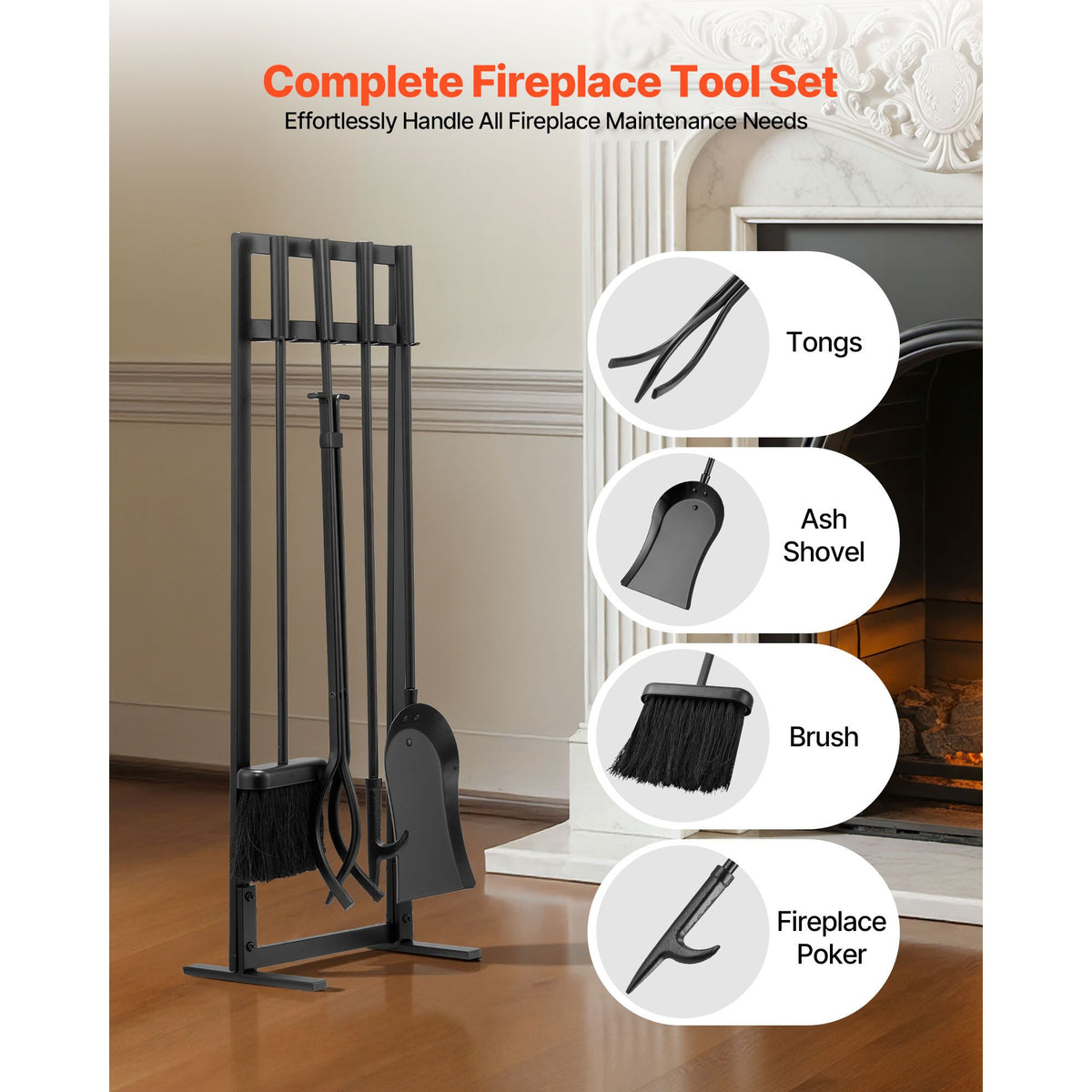 VEVOR 29 in Fireplace Tool Set with Square-Frame Stand