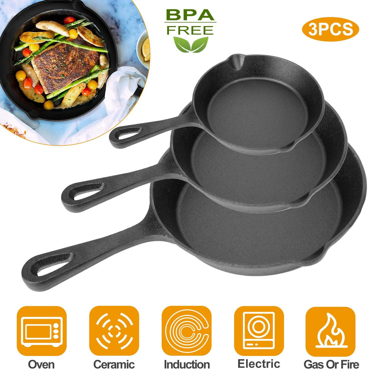 3Pcs Pre-Seasoned Cast Iron Skillet Set 6/8/10in Non-Stick