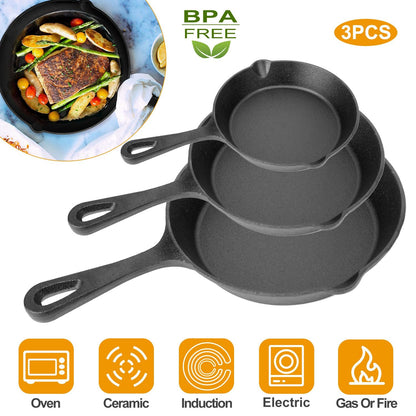 3Pcs Pre-Seasoned Cast Iron Skillet Set 6/8/10in Non-Stick