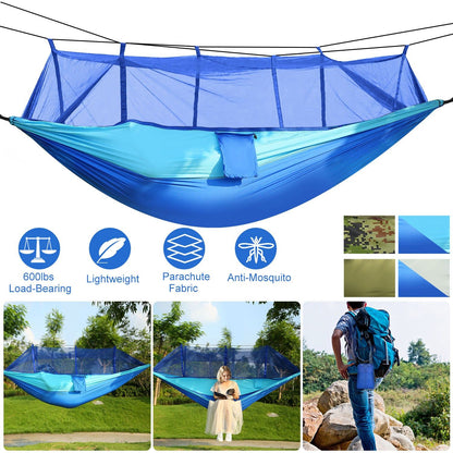 600lbs Load 2 Persons Hammock with Mosquito Net Outdoor Hiking Camping Hammock Portable Nylon Swing Hanging Bed with Strap Hook Carry Bag