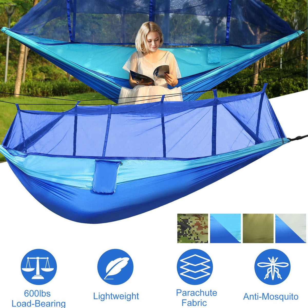 600lbs Load 2 Persons Hammock with Mosquito Net Outdoor Hiking Camping Hammock Portable Nylon Swing Hanging Bed with Strap Hook Carry Bag