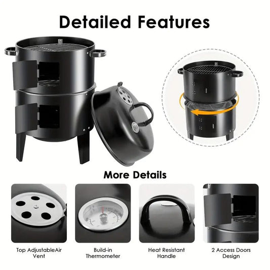 Portable vertical charcoal smoker front view