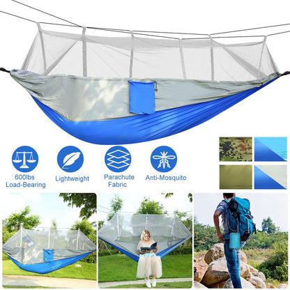 600lbs Load 2 Persons Hammock with Mosquito Net Outdoor Hiking Camping Hammock Portable Nylon Swing Hanging Bed with Strap Hook Carry Bag
