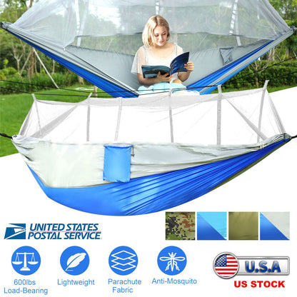 600lbs Load 2 Persons Hammock with Mosquito Net Outdoor Hiking Camping Hammock Portable Nylon Swing Hanging Bed with Strap Hook Carry Bag