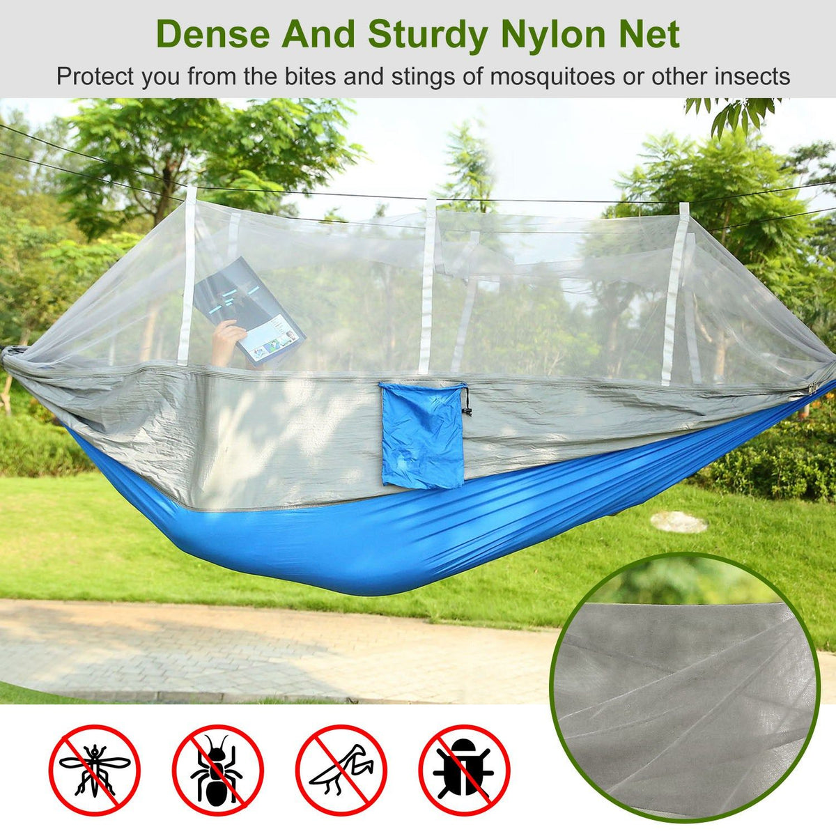 600lbs Load 2 Persons Hammock with Mosquito Net Outdoor Hiking Camping Hammock Portable Nylon Swing Hanging Bed with Strap Hook Carry Bag