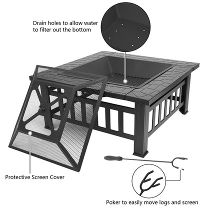 Portable Courtyard Metal Fire Pit with Accessories Black