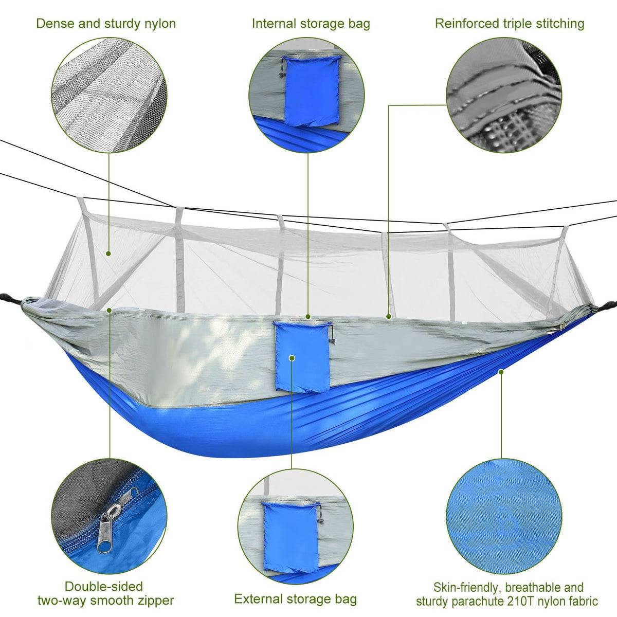 600lbs Load 2 Persons Hammock with Mosquito Net Outdoor Hiking Camping Hammock Portable Nylon Swing Hanging Bed with Strap Hook Carry Bag