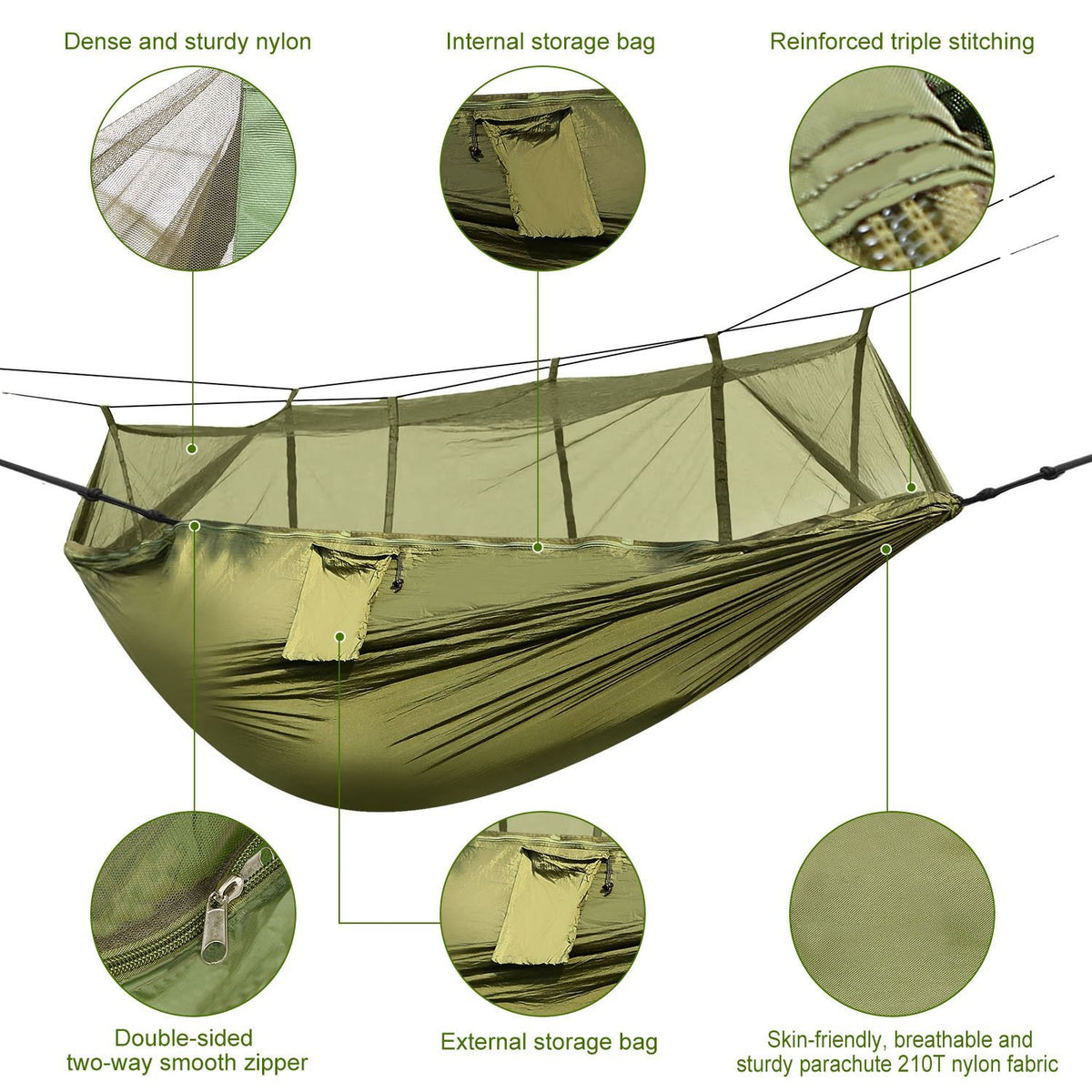600lbs Load 2 Persons Hammock with Mosquito Net Outdoor Hiking Camping Hammock Portable Nylon Swing Hanging Bed with Strap Hook Carry Bag