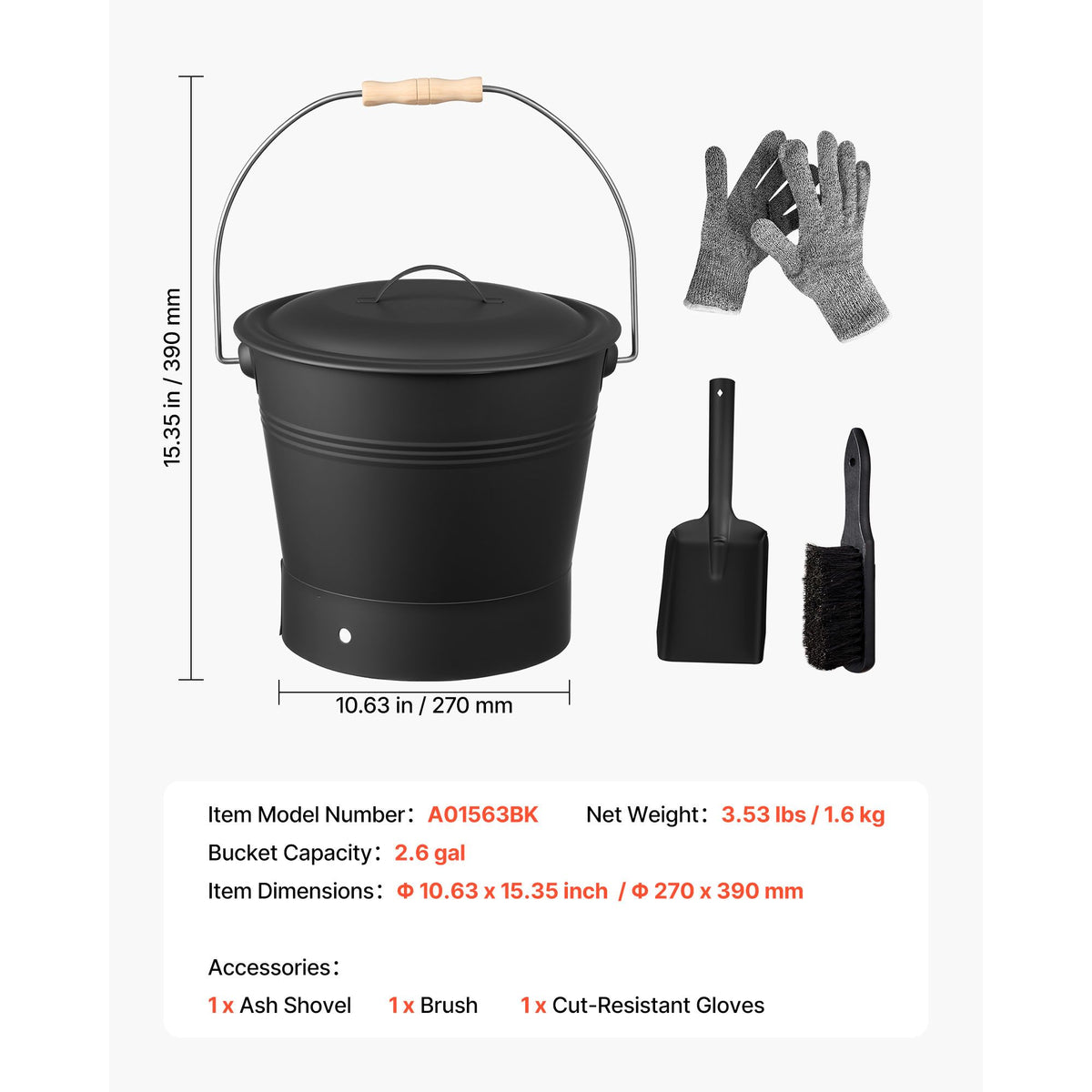 Ash Bucket, 4 PCS with Lid, Shovel, Broom and Gloves