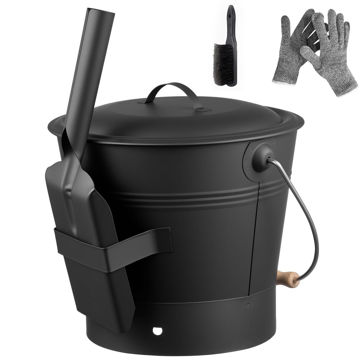 Ash Bucket, 4 PCS with Lid, Shovel, Broom and Gloves