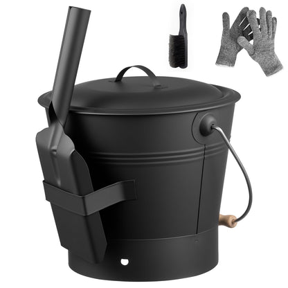 Ash Bucket, 4 PCS with Lid, Shovel, Broom and Gloves
