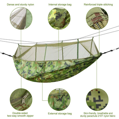 600lbs Load 2 Persons Hammock with Mosquito Net Outdoor Hiking Camping Hammock Portable Nylon Swing Hanging Bed with Strap Hook Carry Bag