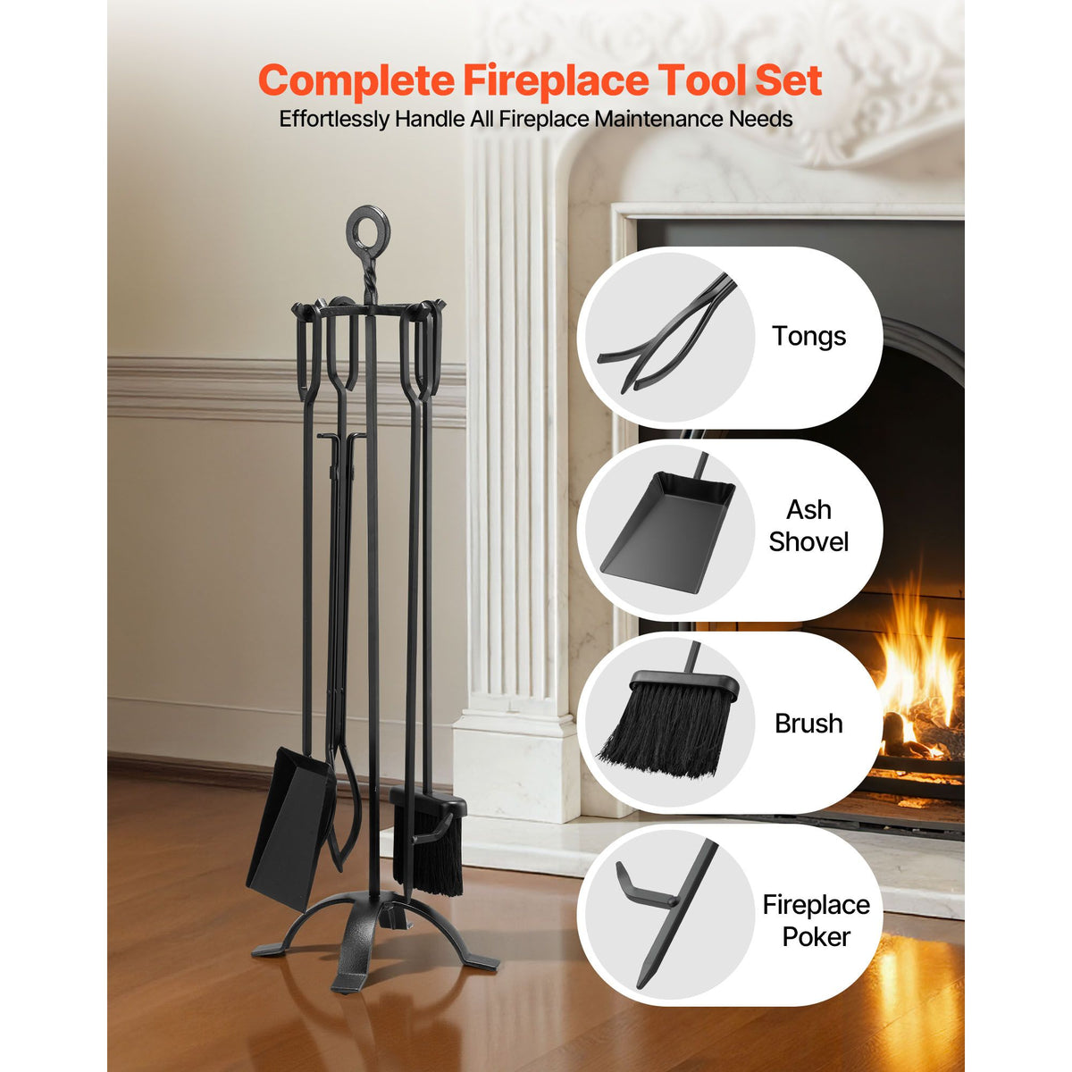 VEVOR 33 in Fireplace Tool Set with Four-Prong Stand