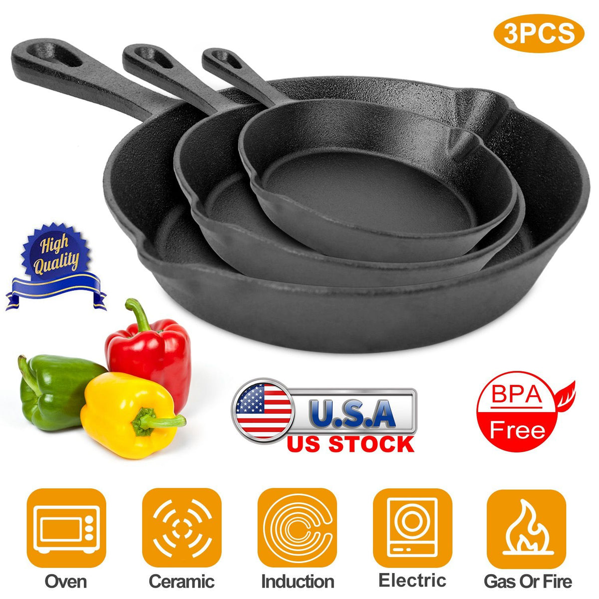 3Pcs Pre-Seasoned Cast Iron Skillet Set 6/8/10in Non-Stick